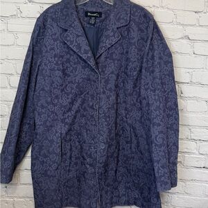 Denim & Co Blue Jacquard Floral Jacket Large Textured Cotton Blazer Cottagecore